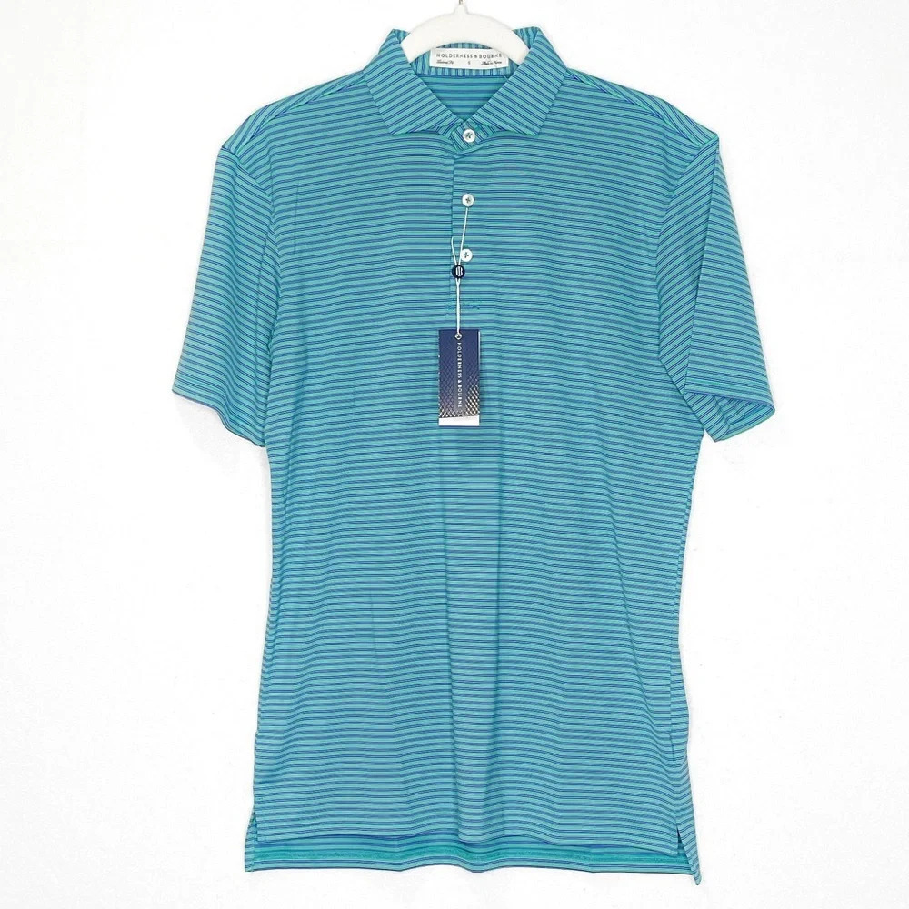NWT Holderness & Bourne Landale Golf Polo Teal Stripe Tailored Fit Size Small